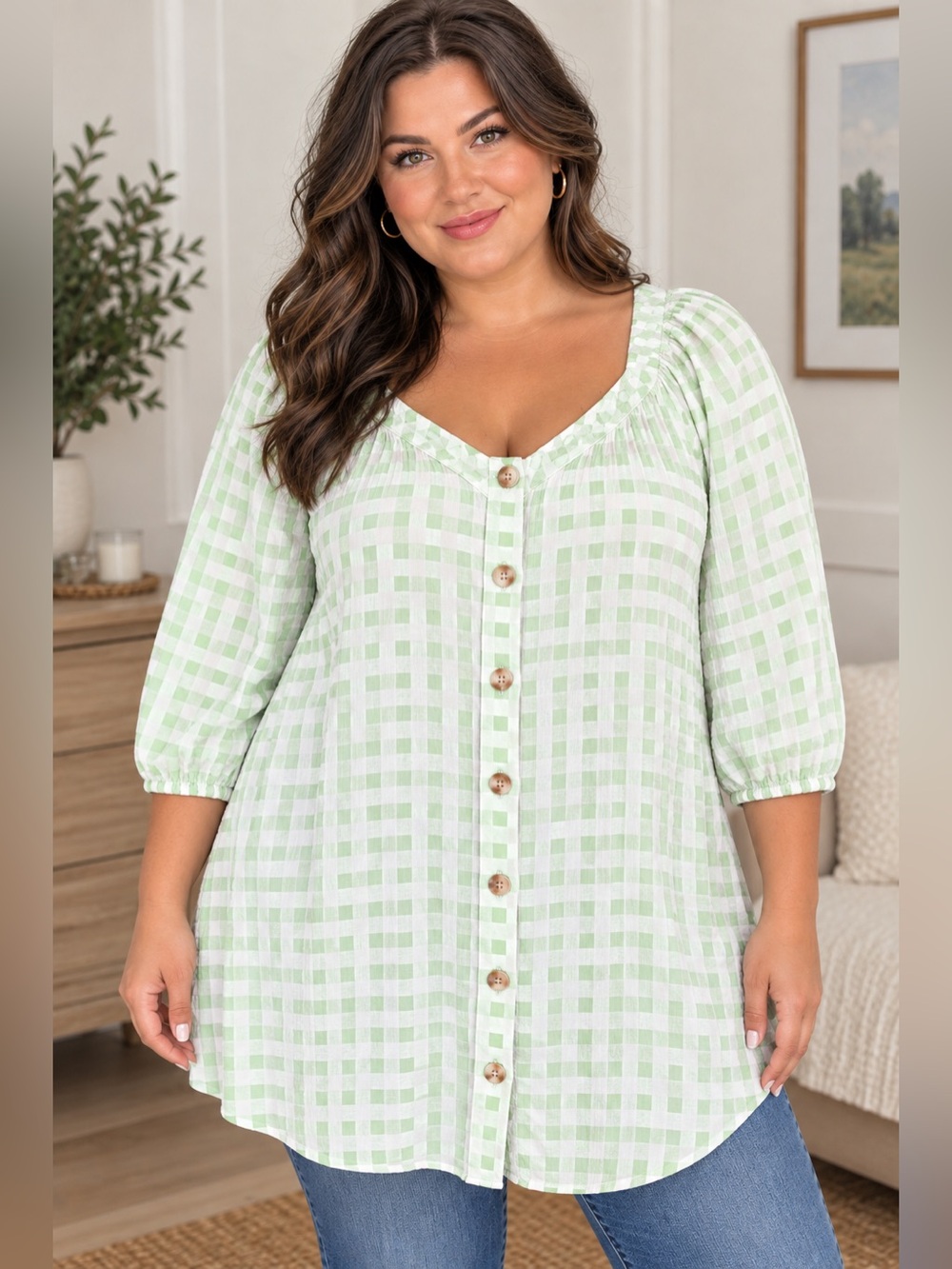 torrid Lime Gingham Button Front Peasant Blouse